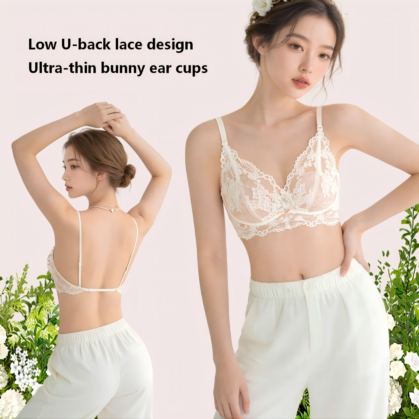 French Lace Wireless Push-Up Bra with Rabbit Ear Cups – Lifting & Back-Friendly Design - Image 2