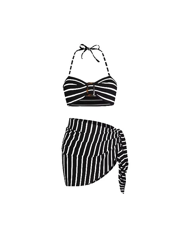 Black and White Striped Halter Bikini Set with Cover Up Skirt product view 6