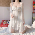 Women's Lace Trim Mesh Lingerie Sleep Set with Padded Cami Nightgown and Robe
