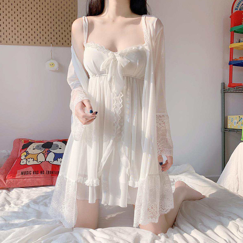 Women's Lace Trim Mesh Lingerie Sleep Set with Padded Cami Nightgown and Robe
