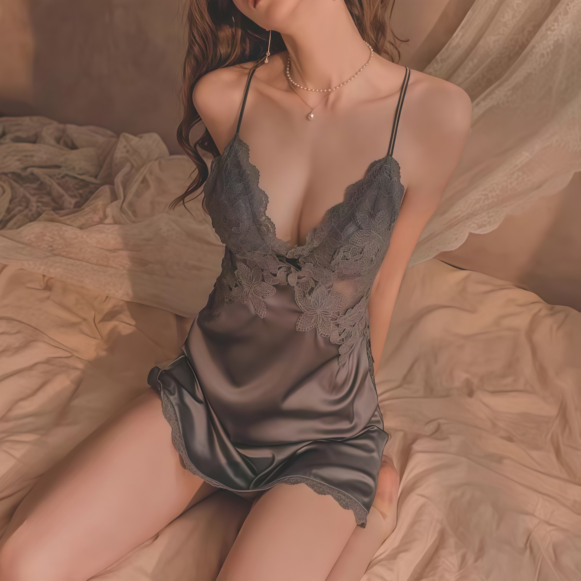 For Her Secret Lace Trim Satin Slip Nightgown