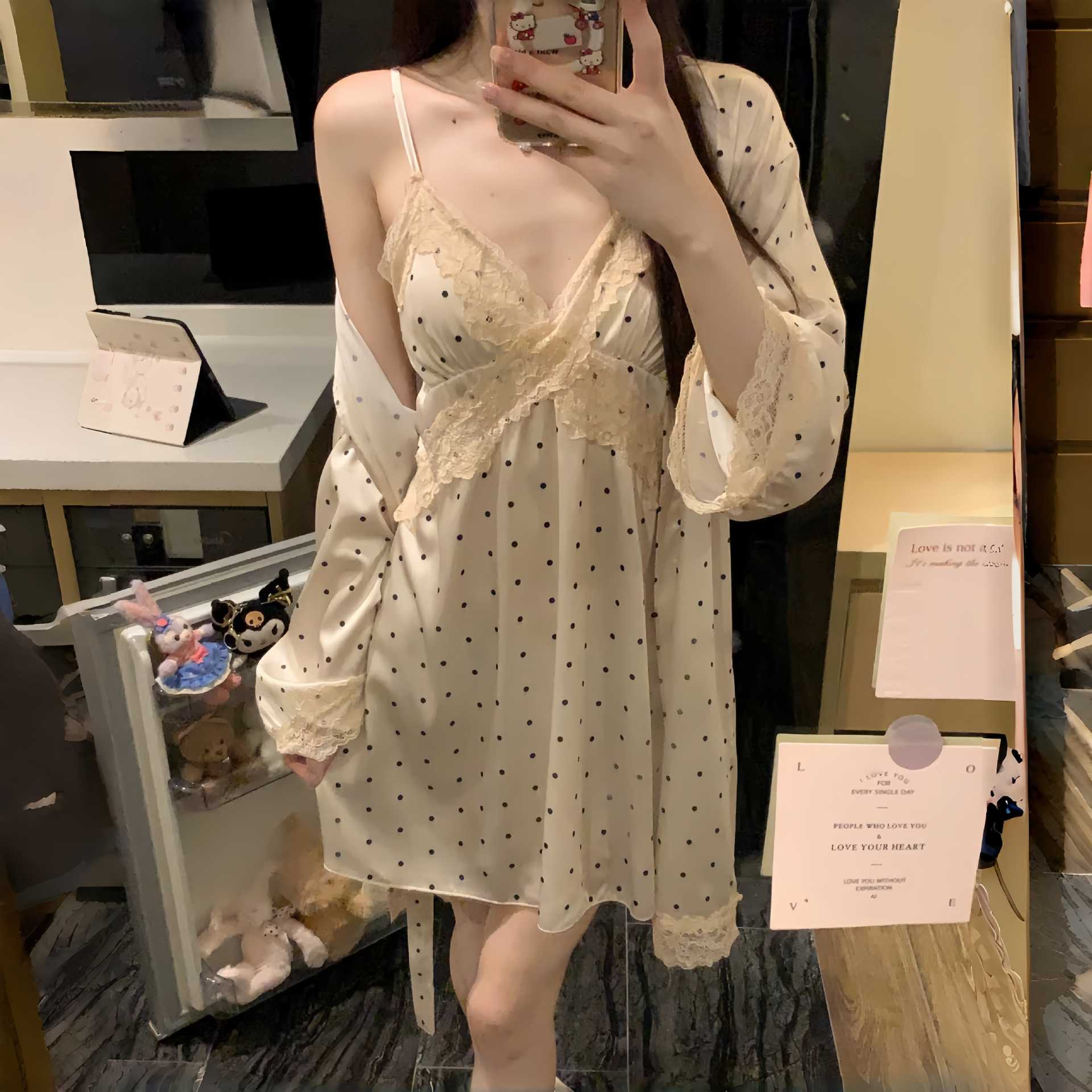 For Her Secret Polka Dot Satin Lace Trim Sleepwear
