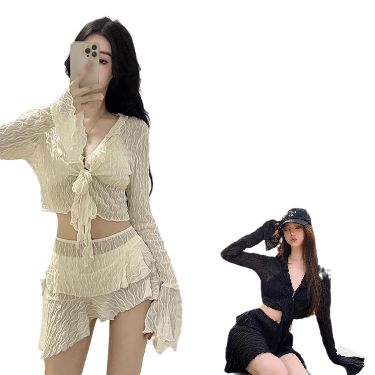 Women's 4-Piece Ruffled Long Sleeve Cover-Up Bikini Swimsuit Set product view 9