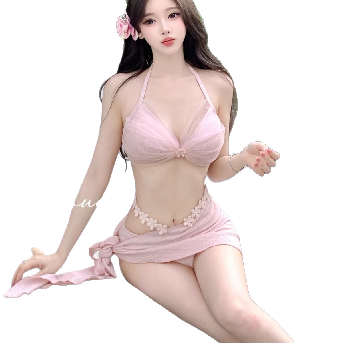For Her Secret Pink 3-Piece Halter Bikini Set with Sarong Cover-Up product view 9