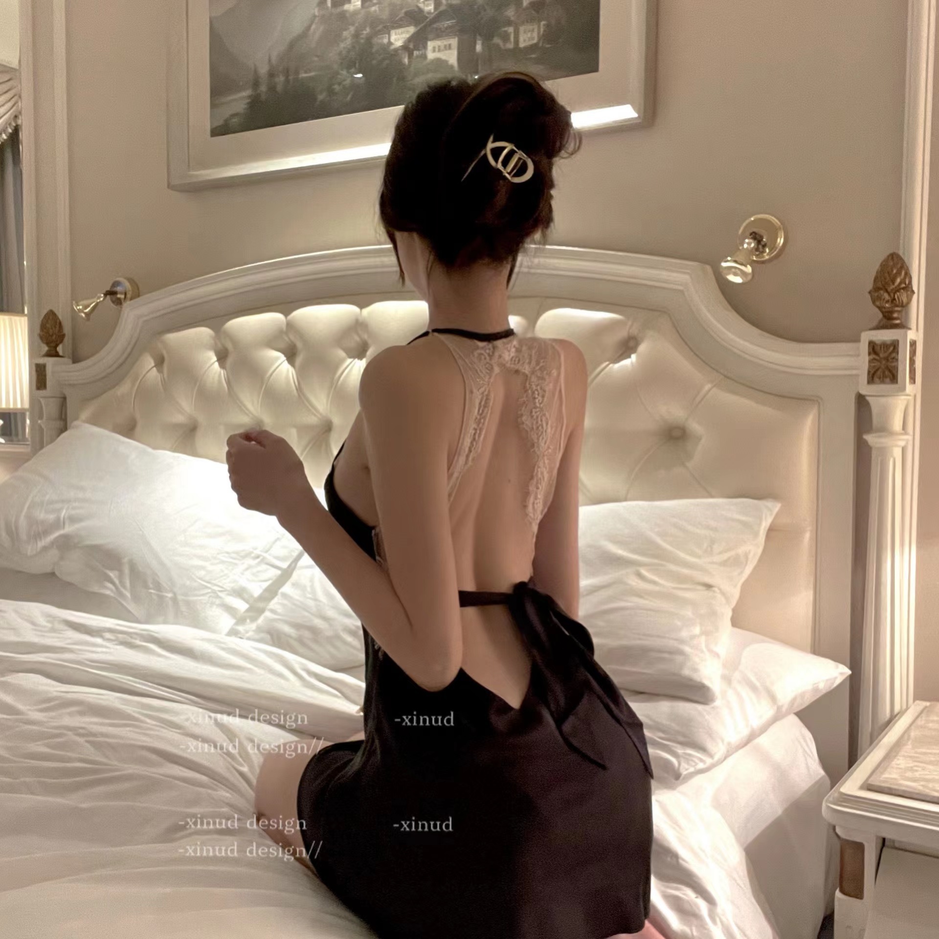 Lace Trim Open Back Satin Chemise Nightgown product view 8