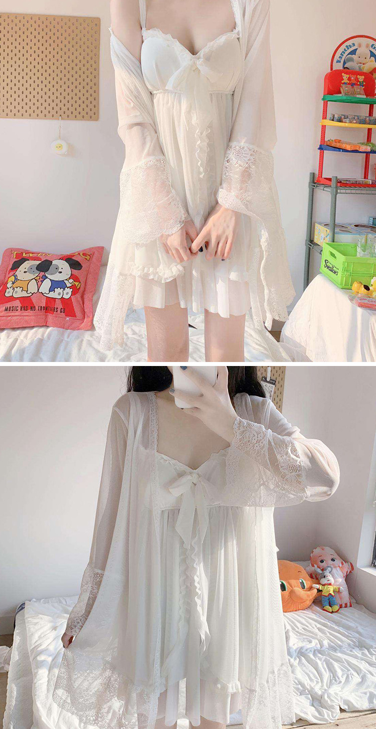 ชุดนอนเซ็กซี่ผู้หญิง ForHerSecret ผ้าตาข่ายแต่งลูกไม้ ประกอบด้วยชุดนอนกระโปรงสายเดี่ยวมีฟองน้ำและเสื้อคลุม ภาพสินค้า 9