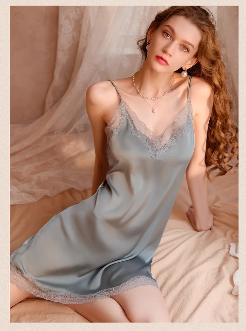 Women's Lace Trim Satin Nightgown & Set, Cool Ice Silk Loungewear product view 17