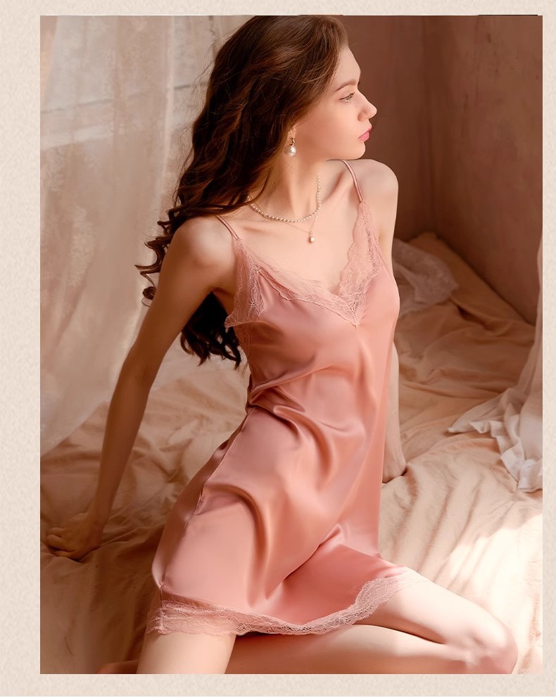 Women's Lace Trim Satin Nightgown & Set, Cool Ice Silk Loungewear product view 19