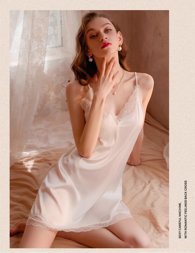 Women's Lace Trim Satin Nightgown & Set, Cool Ice Silk Loungewear product view 23