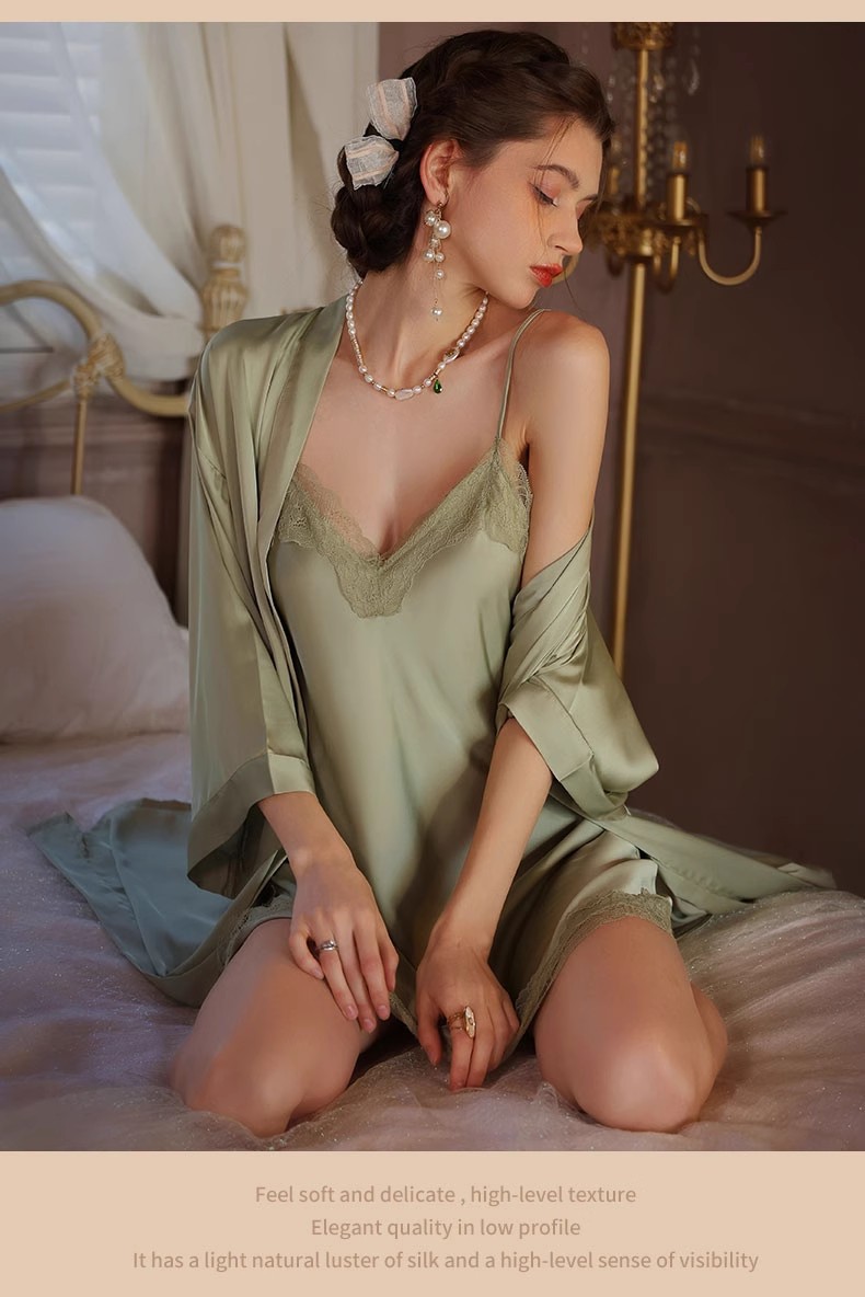 Women's Lace Trim Satin Nightgown & Set, Cool Ice Silk Loungewear product view 26