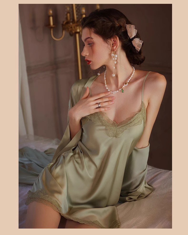 Women's Lace Trim Satin Nightgown & Set, Cool Ice Silk Loungewear product view 27